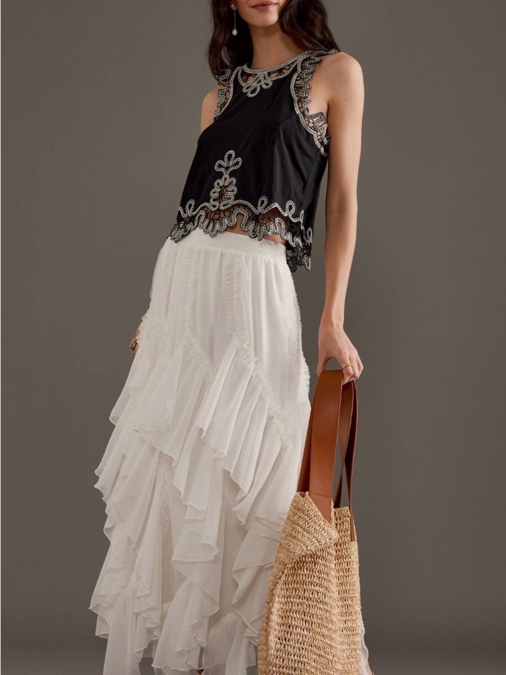 Anthropologie Black Top with White Crochet Trim - Picture 3 of 8